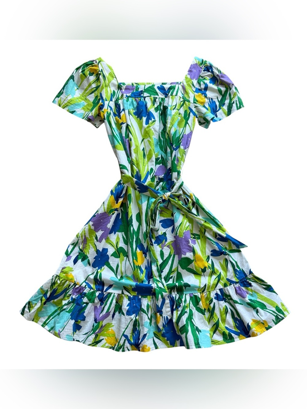 Maggy London Floral Puff Sleeve Cotton Mini Dress Belted Blue Green 2 Feminine